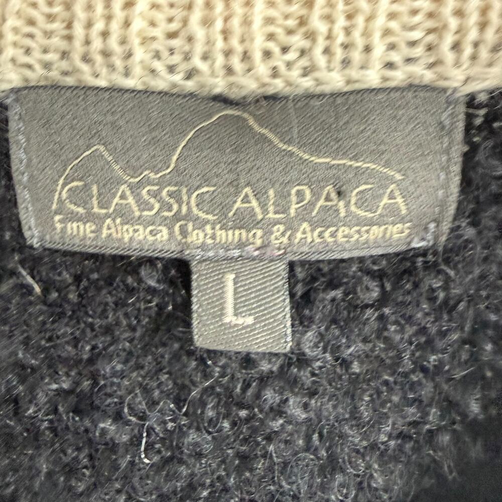 Classic Alpaca Embroidered Duster Cardigan Coat Womens L Black Cream Clasp Peru - Picture 7 of 9